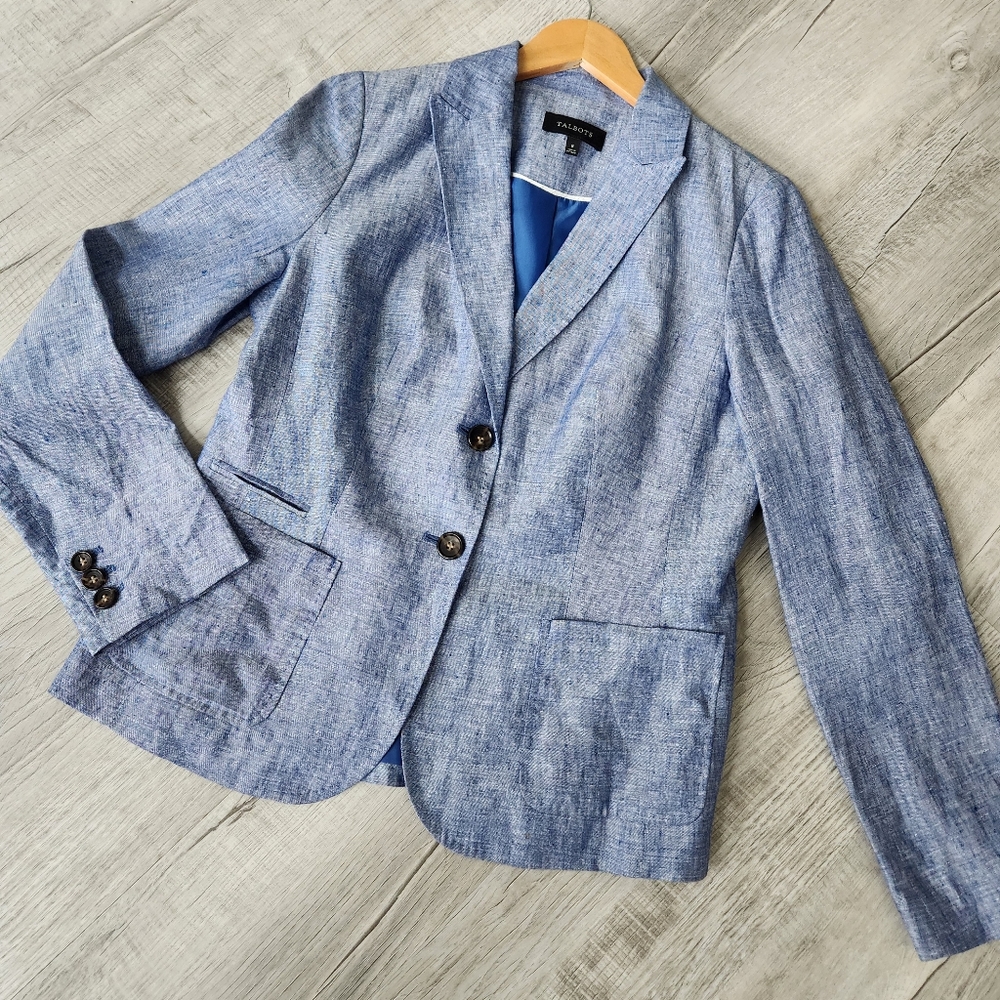 Talbots Chambray Blue Linen 2 Button Lined Blazer… - image 1